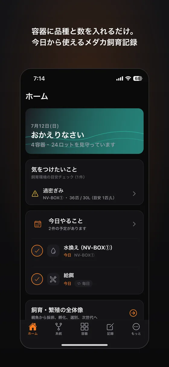 メダ活帳のホーム画面。今日やることと容器の状態が一覧で表示されている