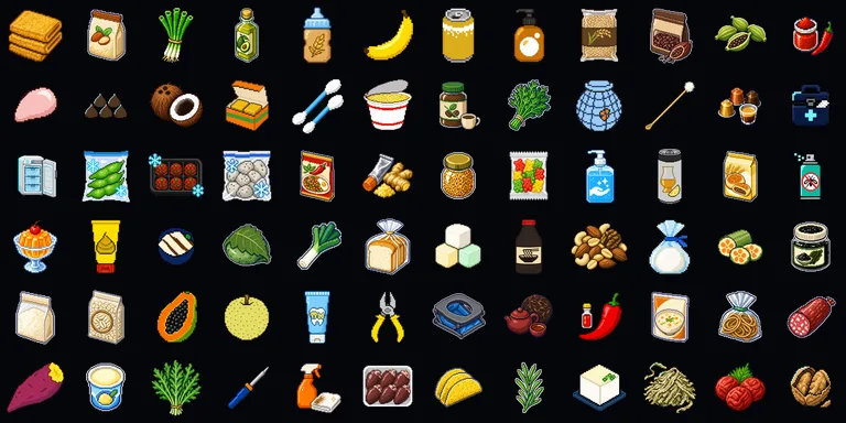 食材や日用品のドット絵タイル72点